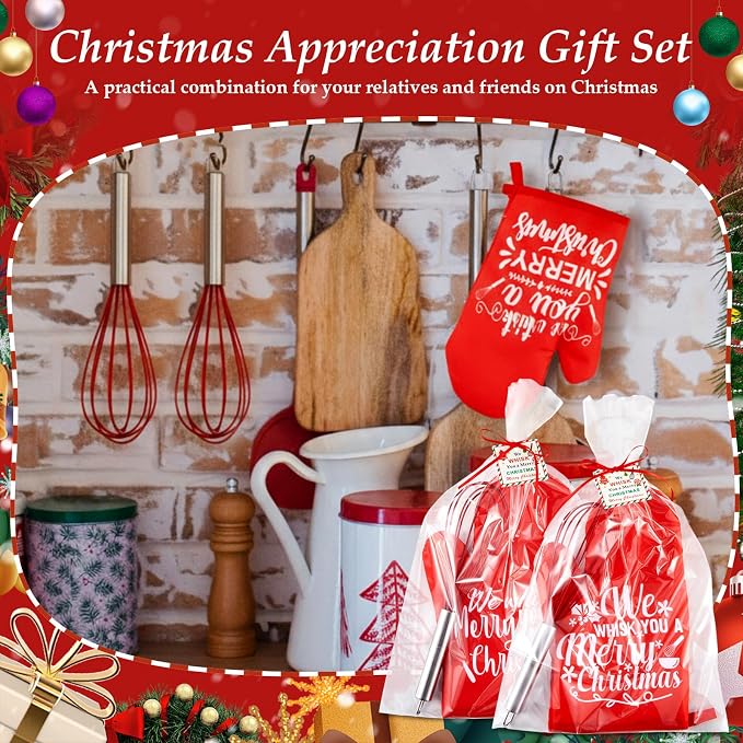 LemonRoad 12 Sets Christmas Whisk Baking Gift Set Xmas Silicone Whisks Oven Mitt Pot Holder Greeting Cards Ribbon Bags for Holiday Kitchen Utensils Cooking Supplies Neighbor Gift(Exquisite,Red)