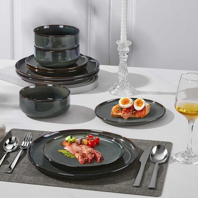 Herogo 12 Pieces Square Stoneware Dinnerware Set, Service for 4, Dinner Plates and Bowls Sets, Double Reactive Glaze Dishes Set for Kitchen, Scratch Resistant, Dishwasher Safe, Moss Green