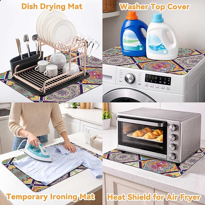 Decorative Stove Top Covers for Electric Stove 28"x20" – Heat Resistant Glass Cooktop Protector Dish Drying Mat – Non-Slip Rubber Backing Washer Top Cover Waterproof Extra Counter Space (Boho)