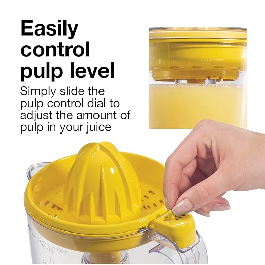 Proctor Silex Alex's Lemonade Stand 34 oz. Electric Citrus Juicer | Pressure Activated | 2 Reamers For Big and Small Fruit | Pulp Control | For Orange, Lemon, Grapefruit Juice | Yellow