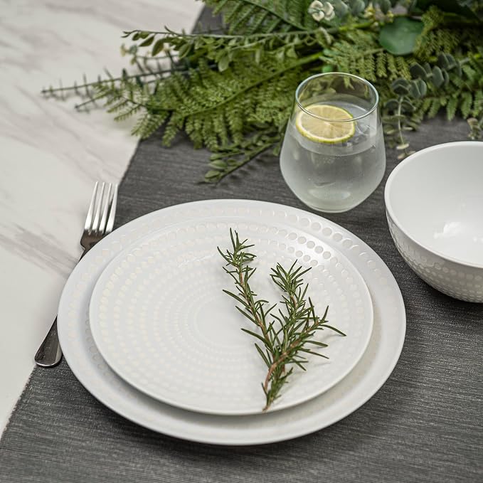 BZYOO Ceramic Dinnerware Set Serive for 4 (12 Pieces), Stoneware Plates and Bowls for Dining Pearl White Dishes Set With DOTDOT Design, Microwave Safe (12 PCS Dishes and Bow set, Bijou Collection)