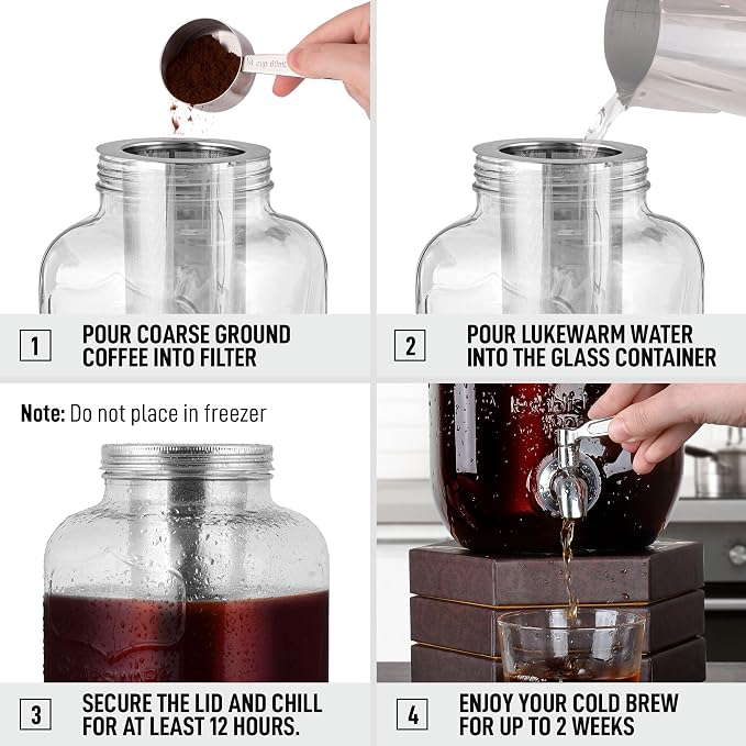 Zulay 1 Gallon/128oz Cold Brew Coffee Maker – Thick Glass Pitcher with Stainless Steel Filter, Lid & Spout – Large Mason Jar Container Dispenser - Iced Coffee & Sun Tea Brewer for Fridge – Silver