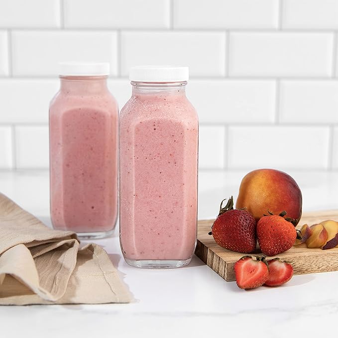 kitchentoolz 16oz Glass Milk Bottles with Lids – 16 oz Reusable Glass Bottles for Milk, Creamer, Juice, Smoothies, Kefir & Yogurt – Airtight Square Drinking Jars for Lunch Box & Fridge – 4 Pack