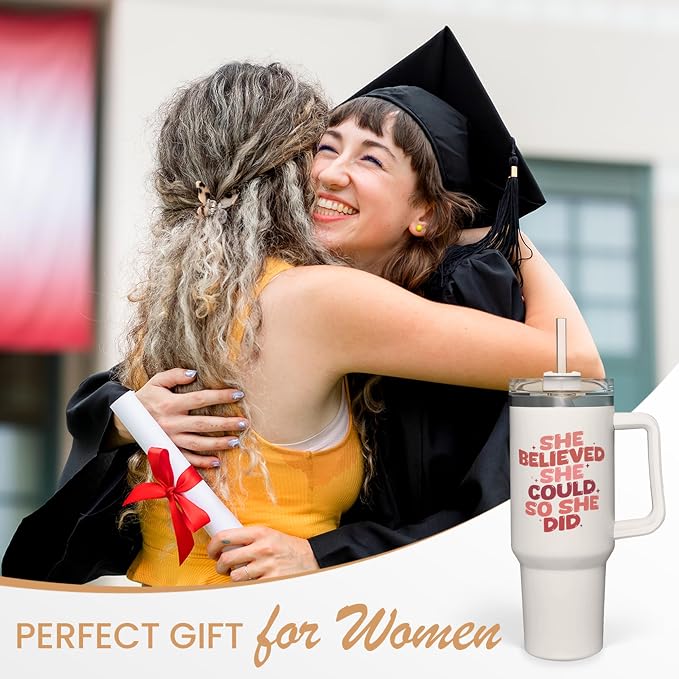 SANDJEST Graduation Gift for Women She Believed She Could So She Did Tumbler 40oz Stainless Steel Insulated with Handle and Straw - New Job, Going Away, Inspirational Design