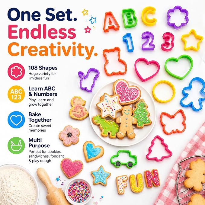 108PCS Shape Cookie Cutters Bulk – Big Plastic Baking Cookie Cutters Variety Pack for All Purpose, Alphabet Numbers Animals Hearts and Other Shapes for Baking Bento Box Bakeware Holiday Birthday Party