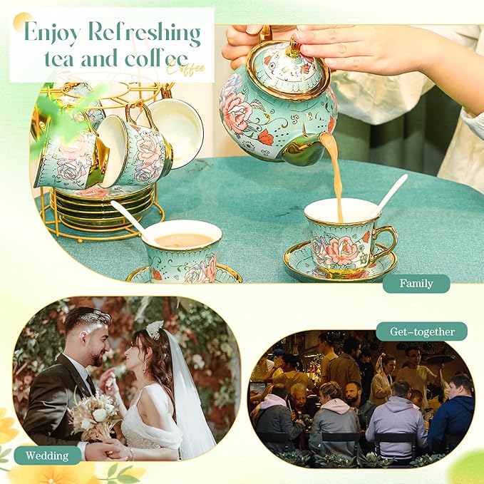20 Pcs Porcelain Tea Set for Adults with Metal Holder and Spoon European Ceramic Tea Party Set Flower Painting Teapot Cup Saucer for Women Gift, Serving 6 People(Modern)