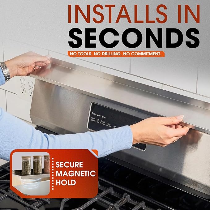 30 Inch Magnetic Stove Top Shelf - Stainless Steel Over Stove Storage Rack for Spices & Condiments - Tool-Free Fit for Flat & Curved Stoves