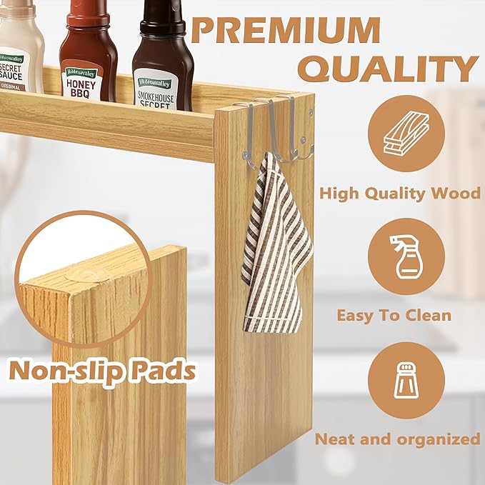 Over The Stove Shelf, Wood Stove Top Shelf,31.5" Stove Top Organizer Shelves with 6 Hooks,11.5" Height Over Stove Spice Rack for Kitchen, Oak