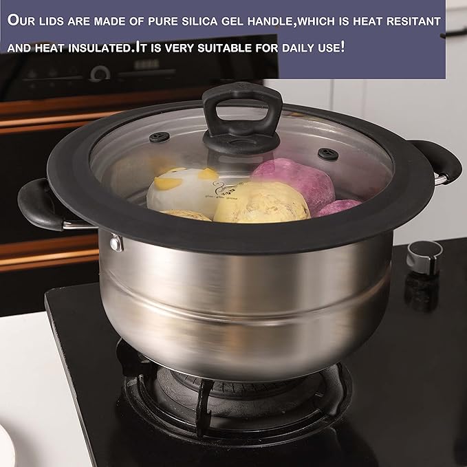 Set of 2 Vented Tempered Glass Universal Lid for Pot Pan Skillet with Heat Resistant Silicone Microwave Splatter Cover Microwave Safe Fit 8" 8.5" 9" and 11.5" 12" 12.5", Black
