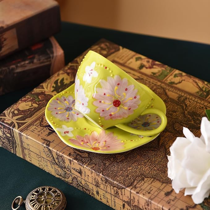 Adorable Bunny-Themed Pink Ceramic Cup & Saucer Set，7oz hand-painted ceramic Perfect for fairy tea parties, birthday gifts, parties, Christmas, and New Year. (Green)