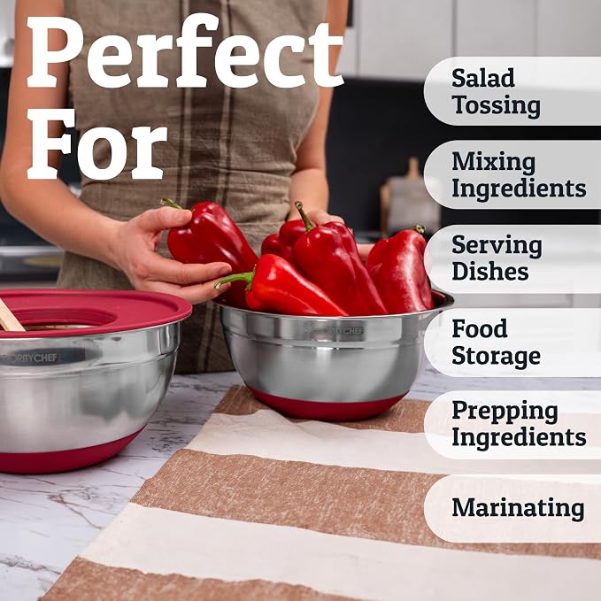 Priority Chef 6pc Stainless Steel Mixing Bowls with Lids Set, 7 Qt, Red | 6pc Non-slip nesting bowls 1-7 qt, 3 graters & interior measurement marks; for meal prep, baking & airtight fridge storage