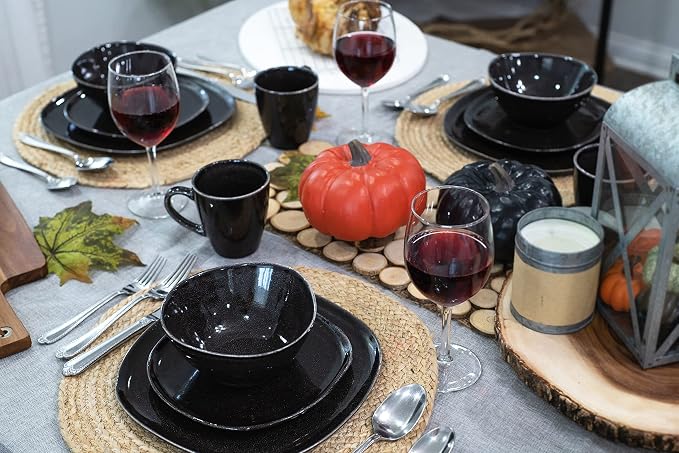 Elanze Designs 16-Piece Modern Luxury Chic Smooth Vintage Handmade Shape High Gloss Ceramic Stoneware Square Plate Mug & Bowl Kitchen Dinnerware 16 Piece Set - Service for 4, Black
