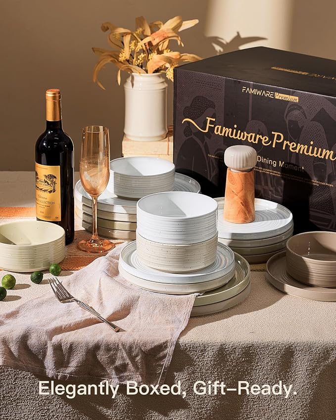 Stoneware Dinnerware Sets for 8, 24-Piece High Edge Plates and Bowls with Speckled Glaze & Spiral Design - Chip & Scratch Resistant, Microwave & Dishwasher Safe - Gift Box, Multicolor