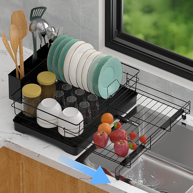 Dish Drying Rack Expandable Rack for Kitchen Counter, Carbon Steel Dish Racks Rust-Proof Large Capacity Dish Drainer with Utensil Holder, Space Saving for Bowls, Plates & Cups, Black