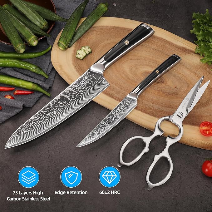 Sunnecko Kitchen Knife Set of 3, Chef Knife Set Damascus Steel Knives Set for Kitchen Sharp VG10 Corn, Full Tang with Gift Box