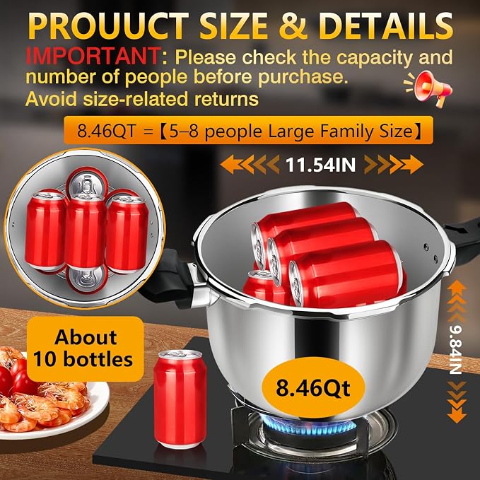 8QT Stainless Steel Pressure Cooker, Heavy Duty Food Grade 304 Pressure Canner with Safety Valve & Heat-Resistant Handle, Compatible with All Stovetops for Home Cooking & Canning