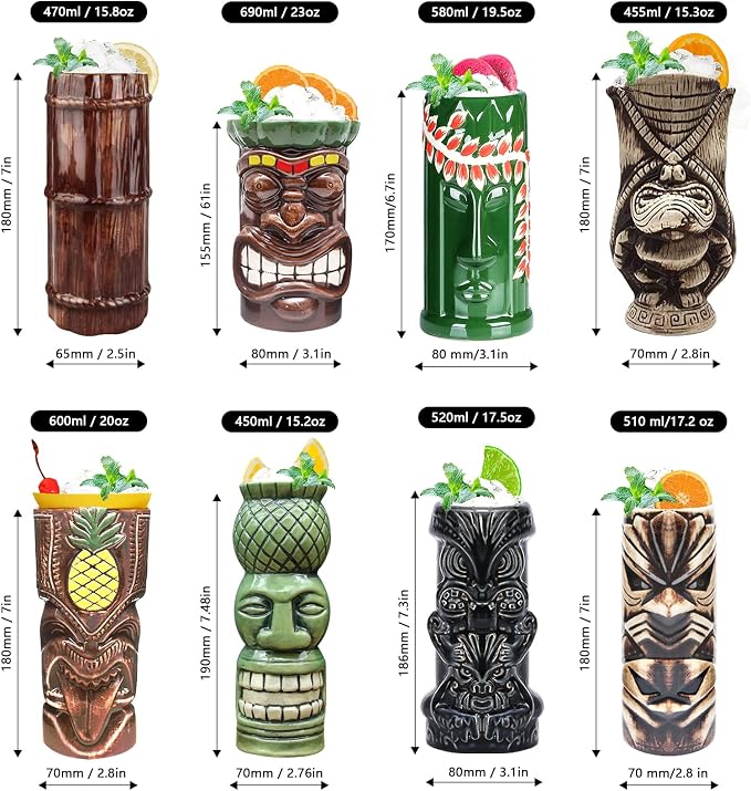 LINALL Tiki Mugs Cocktail Set of 8 - Tumblers Ceramic Hawaiian Luau Party Mugs Drinkware, Cute Exotic Cocktail Glasses, Tiki Bar Professional Hawaiian Party Barware, TKSET0017 (8pcs)