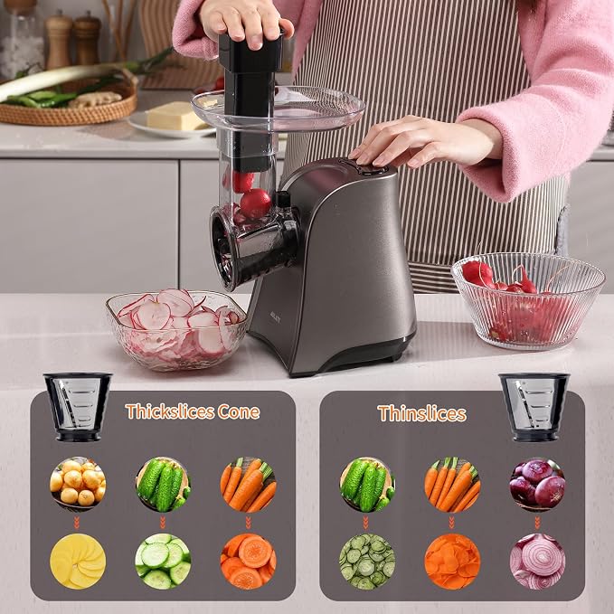 Electric Cheese Grater, One-Touch Control Grater Machine for Vegetables, Fruits, Potatoes, Salad Maker with 6 Free Attachments