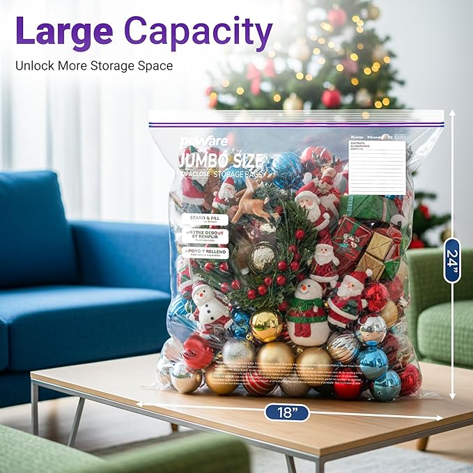 Large Storage Bags, 18"x24" Jumbo Plastic Bag, BPA Free, 5 Gallon XL Zipper Lock Baggies for Clothes Pillow Travel Moving - 15 Jumbo Bags