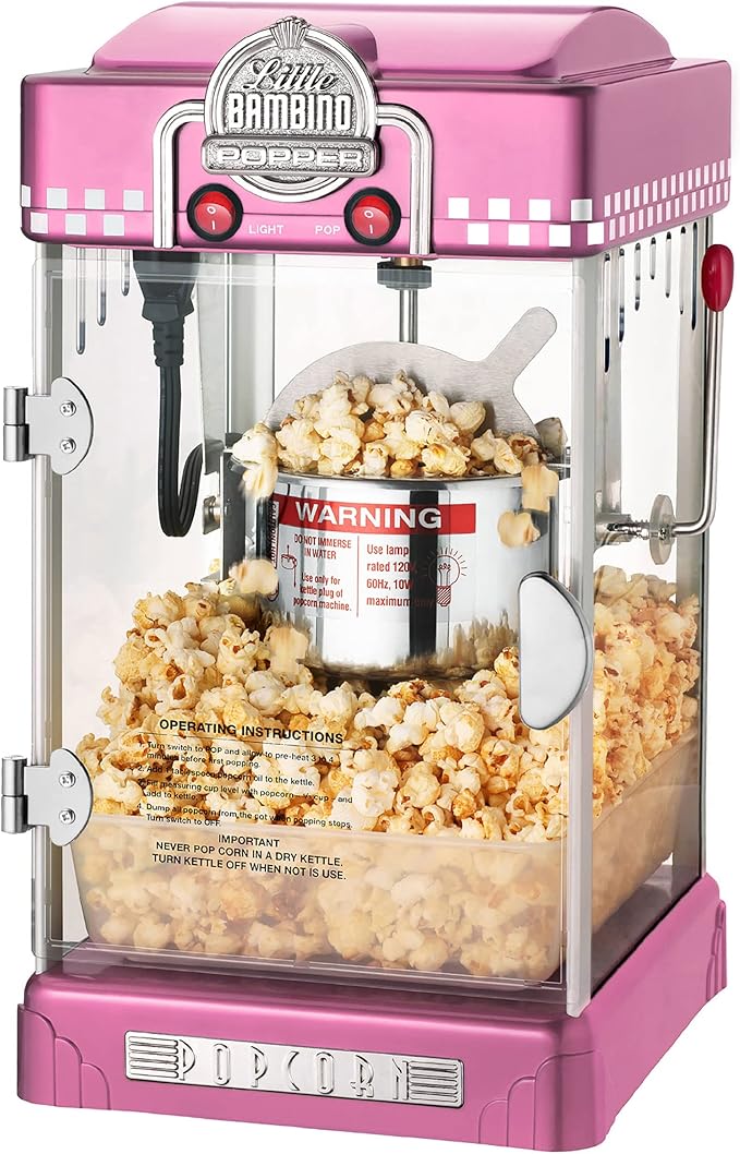 Little Bambino Popcorn Machine - 2.5oz Tabletop Movie Theater Popcorn Popper with Stainless-Steel Kettle by Great Northern Popcorn (Pink)