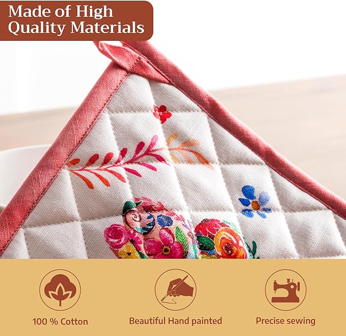 Maison d' Hermine Pot Holders 100% Cotton Heat Resistant Potholders 8" x 8" Hot Pads with Loop Baking Gifts for Mothers Day Handling Hot Pans Spring/Summer(Pack of 1, Happy Florals - High Summer)