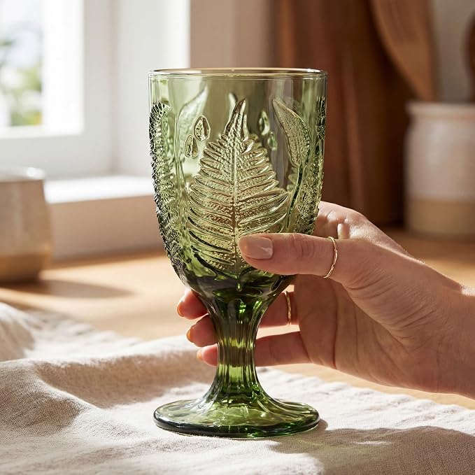 Green Glass Goblets Set of 4, 10 oz Hand-Pressed Vintage Glassware, Textured Fern Embossed Drinking Glasses, Boho Drinkware for Water, Cocktails, Mocktails, White & Red Wine, Antique Style Gift Set