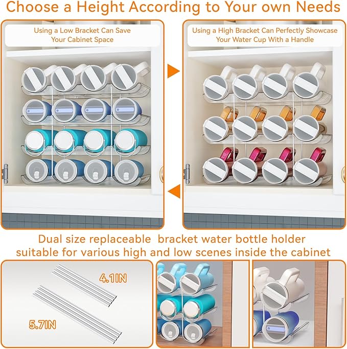 Yieach 3 Tier Stackable Water Bottle Organizer for Cabinet - Larger Compartment Water Bottle Holder for 40 oz Stanley Cup,Yeti and Other Tumbler Organizer,Waterbottle Storage and Wine Rack for Fridge