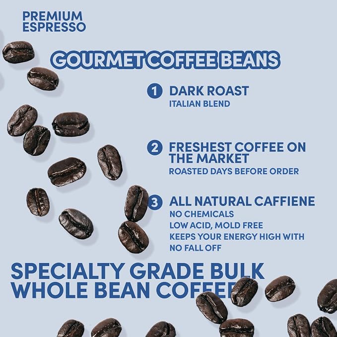 Sarasota Coffee Whole Bean Espresso | Dark Roast Gourmet Coffee Beans | Low Acid, Mold Free, Specialty Grade Bulk Beans | 5lb (80 oz)