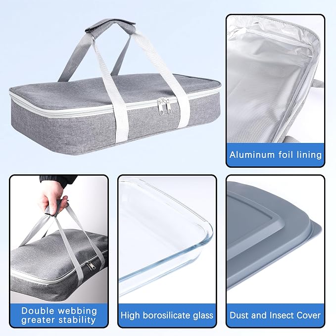 9x13 Glass Baking Dish With Lid - 3qt Glass Casserole With Carrier Insulated Bag For Hot Or Cold Food - Large Casserole Dish For Oven Potluck Party Picnic Cookouts