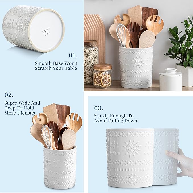 LOVECASA 7.2" Ceramic Utensil Holder, Farmhouse Countertop Crock, White | 7.2 Inch Size, Ceramic Build, Heavy Sturdy Base, Countertop Organization, Farmhouse Style, White Finish