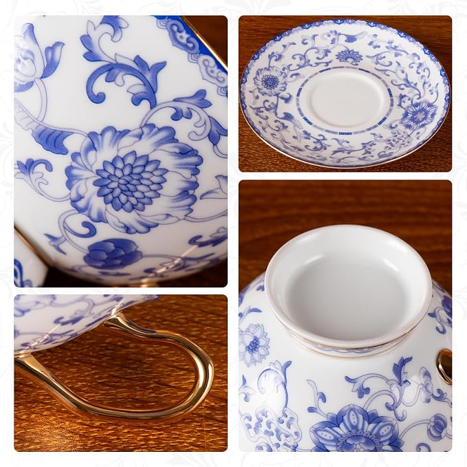 KAMMAK Tea Cups and Saucers Set of 2, Porcelain Coffee Cups, Stackable Espresso Mugs, Ceramic Demitasse for Coffee, Cappuccino, Latte, Americano, Tea, Enamel - Blue