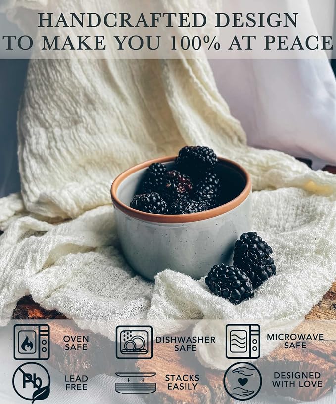 Mora Ceramic Ramekins - 4oz, Set of 6 - Small Oven Safe Baking Dishes/Cups - For Personal Pudding, Creme Brulee, Souffle, Serving Dip, Custard, Ice Cream - Single Mini Bowls - Assorted Neutrals