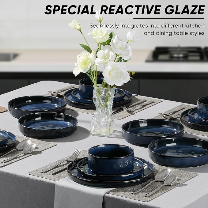 E-far 8-Piece Plates and Bowls Sets with Pasta Bowls - Stoneware Dinnerware Set for 2, Modern Ribbed Dishes, Microwave & Dishwasher Safe, Starry Blue