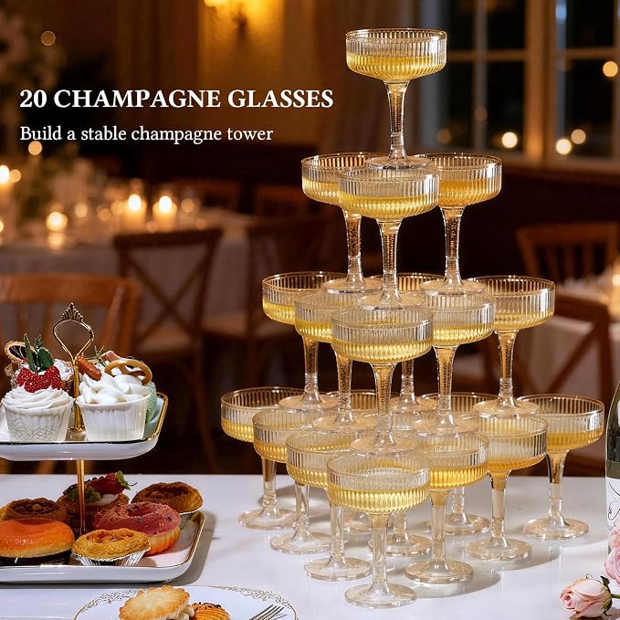 Goodluck 4-Tier Champagne Glasses - 20 PCS 7oz Glitter Gold Plastic Champagne Flutes,Plastic Coupe Glasses with Vertical Stripes for Weddings, Celebrations, Parties & Birthdays