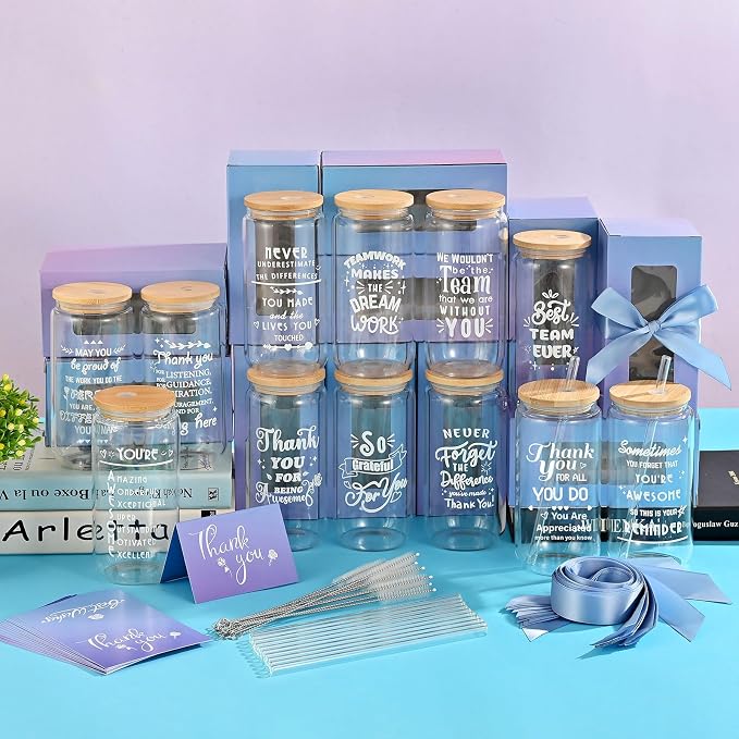 12 Set Employee Appreciation Gifts Bulk, Personalized Inspirational Thank You Gifts for Graduation Season Coworker 16 oz Can Shaped Beer Glass Cups, Gift Box & Card for Team Women Men Teacher