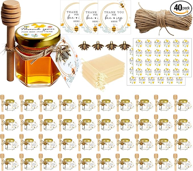 Adabocute Honey Pot, Mini Honey Jars with Wood Dipper, Gold Lid, Bee Pendants, Beige Gift Bags, Thanks for Beeing Here Tags, Ideal for Baby Showers & Wedding Favors, 40 Pack