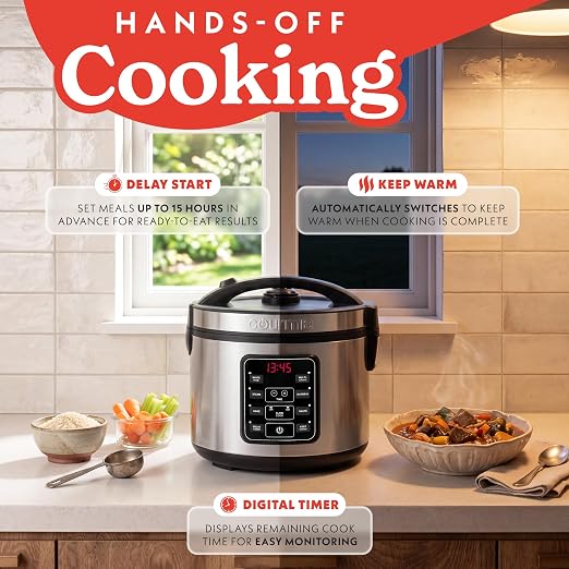 Gourmia Rice Cooker – 3 Qt Capacity, 12 Cup Cooked, 6 Cup Uncooked, Digital Controls, Grain Cooker & Steamer, Built-In Steamer Basket, Nonstick Ceramic Pot, Delay Timer, Keep Warm, Stainless Steel