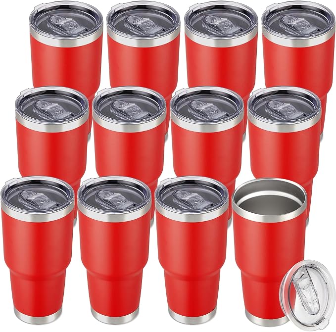 30 oz Tumbler with Lid Stainless Steel Tumblers Bulk Vacuum Insulated Cup Reusable Powder Coated Travel Mug Double Wall Leak Proof Cups Keep Cold Drinks for 12 Hours Red, Set of 12