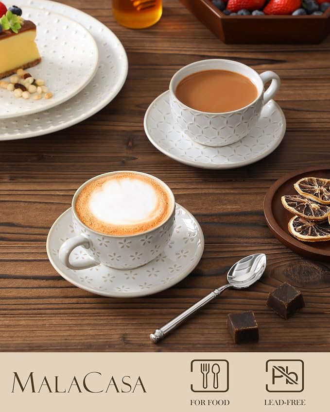 MALACASA 8 OZ Cappuccino Cups with Saucers Set of 4 - Ceramic Stackable Tea Cups and Saucers, Embossment Coffee Mugs for Tea, Latte and Mocha, Dishwasher Safe, Arctic white, LYDIA Series