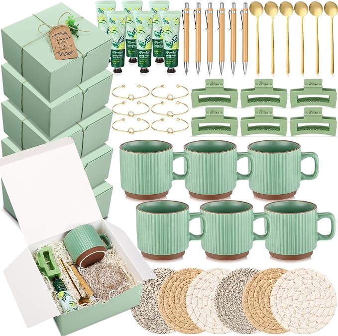 Reallnaive 61 Pcs Baby Shower Prizes for Game Winners Include Ceramic Mug Coaster Hand Cream Pen Spoon Bracelet Hair Clip Card Gift Box with Raffia for Guests Gender Reveal Bridal Shower Party(Green)