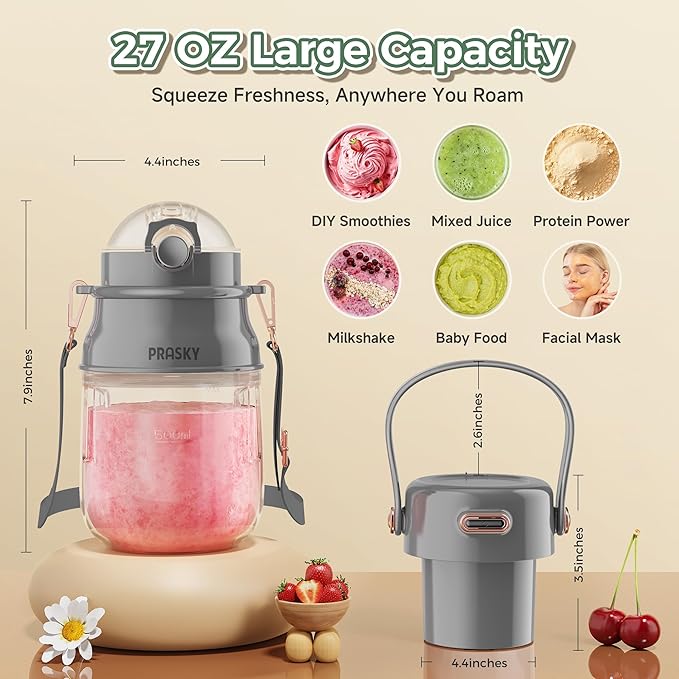 Portable Blender, Prasky Personal Blenders for Shakes and Smoothies with 27oz Cup, Lid and Shoulder Strap, Type-C USB Rechargeable, Personal Size Blenders BPA-free for Travel/Kitchen (Gray)