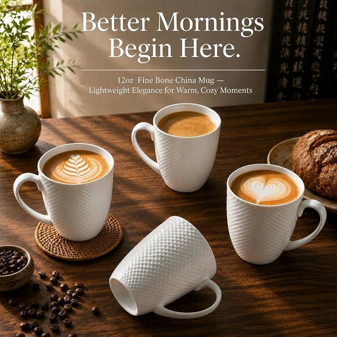 12 Oz Coffee Mugs Set of 6, Fine Bone China Mugs, White Ceramic Coffee Cups, Rhombus Relief Texture, Lightweight Tea Mugs for Latte, Hot Cocoa, Women, Men
