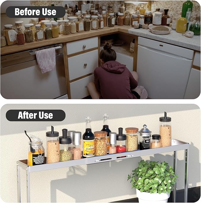 BOIVSHI Stove Top Shelf - Adjustable Oven Shelf for Top of Stove for 27-33inch, Kitchen Spice Organizer, Silver