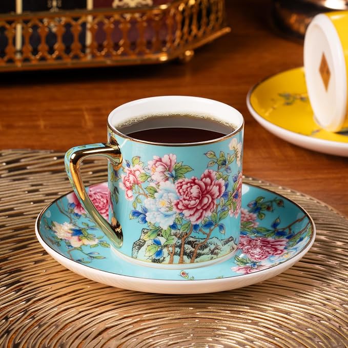 KAMMAK Tea Cups and Saucers Set of 2, Porcelain Coffee Cups, 7.5oz Stackable Espresso Mugs, Ceramic Demitasse for Coffee, Latte, Americano, Tea (633N+634N)