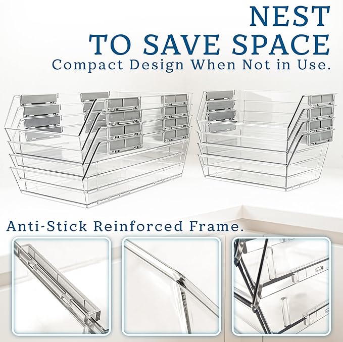 HOMESTEAD Set of 4 Stackable Storage Bins, 2 Large + 2 Small Clear Plastic Organizer Bins, Open Front Design for Kitchen Pantry, Fridge, Cabinet, Bathroom Organization and Snack Storage