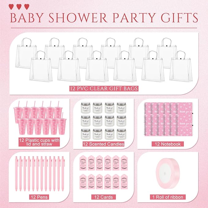 Nuogo 12 Sets New Parent Shower Prizes for Player Winners Adult, Wedding Bridal Shower Gift, Plastic Tumbler Notebook Scented Candle Ballpoint Pen Bag (Pink Color,Bow Style)