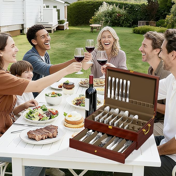 Solid Walnut Silverware Storage Box, 2-Layer Silverware Chest with Drawer, Flatware Case with Lid and Felt Lined, Wood Flatware Storage Box Holds 12-16 Sets of Utensils, Wedding Housewarming Gifts