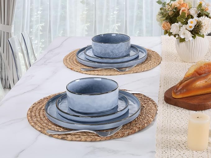 LIANYU 18 Pcs Dinnerware Sets for 6, Plates and Bowls Dinner Set, Stoneware Dish Tableware for Dessert Salad Pasta, Microwave & Dishwasher Safe, Serenity Blue