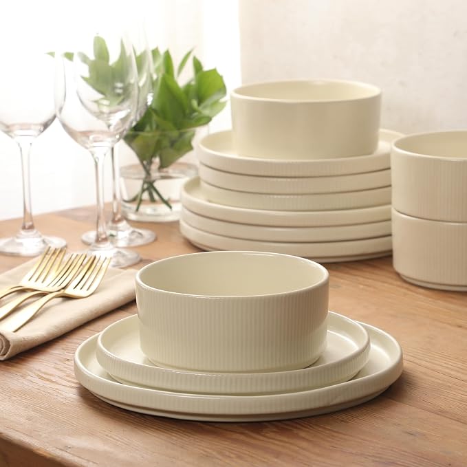 Gibson Elite Avant-Garde 12 Piece Stoneware Dinnerware Set for 4, Linen White Plates and Bowls Set with Reactive Glaze, Includes Dinner Plates, Salad Plates and Bowls