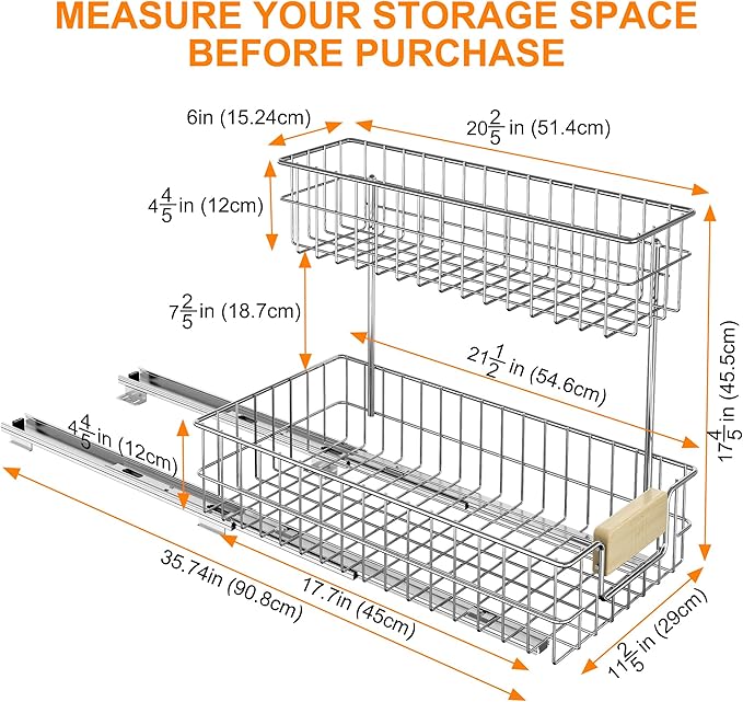ROOMTEC Pull Out Cabinet Organizer, Under Sink Slide Out Storage Shelf with 2 Tier Sliding Wire Drawer, Sliding Storage for Inside Kitchen Cabinet- 11½ in. W x 21½ in. D (Right)